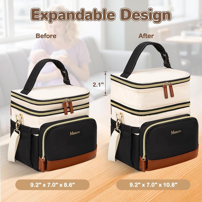 Mancro Expandable Bottle Cooler Bag Fits 6 Bottles Up to 9oz, Double Layer Breastmilk Cooler Bag with Ice Pack, Leakproof Breast Milk Cooler Travel Bag with Stroller Strap for Nursing Moms, Black - Image 2